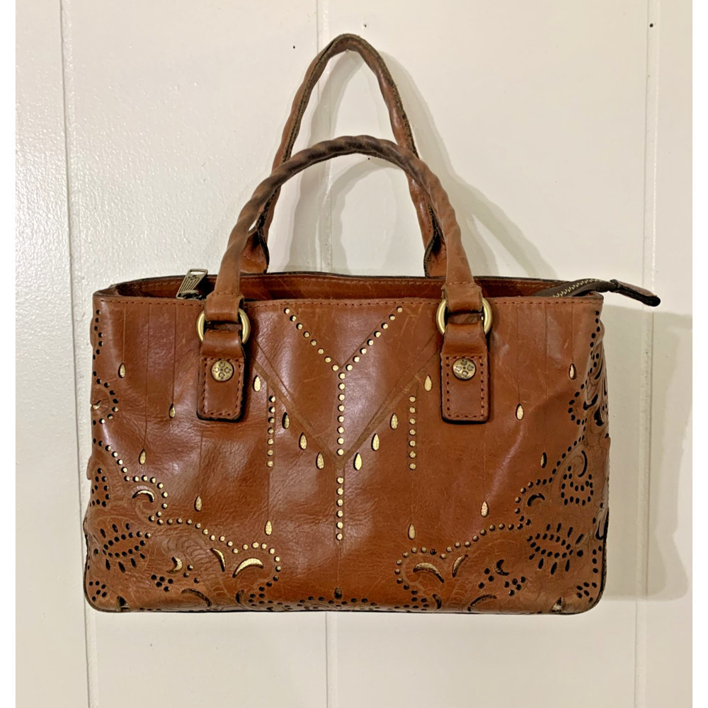 Patricia Nash Angela Laser Cut Satchel Leather Handbag Tan Brown Western